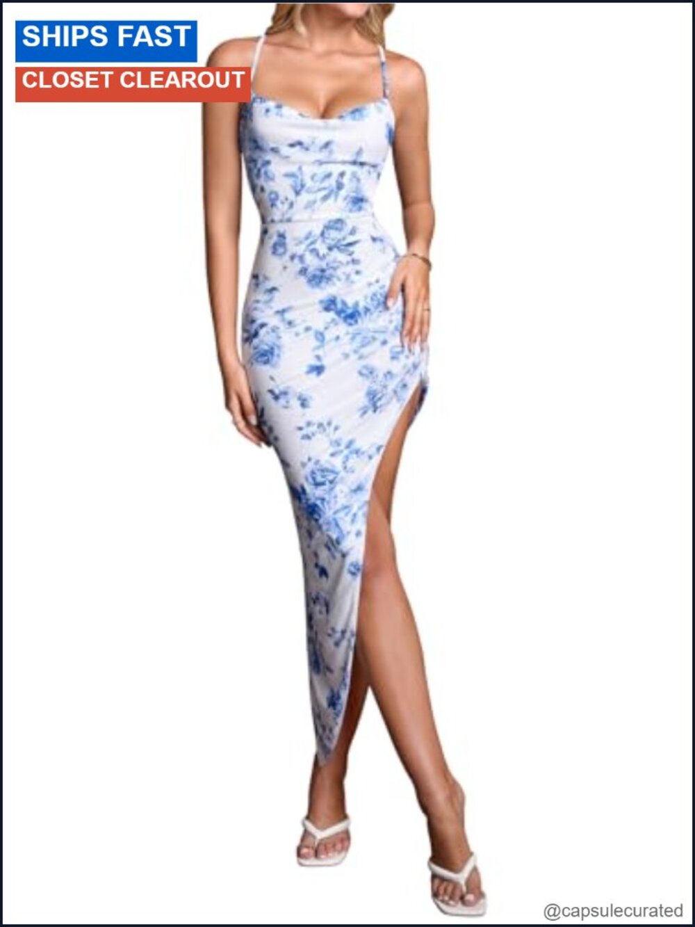 Satin Silk Midi Dress Backless Cowl Neck Bodycon High Slit